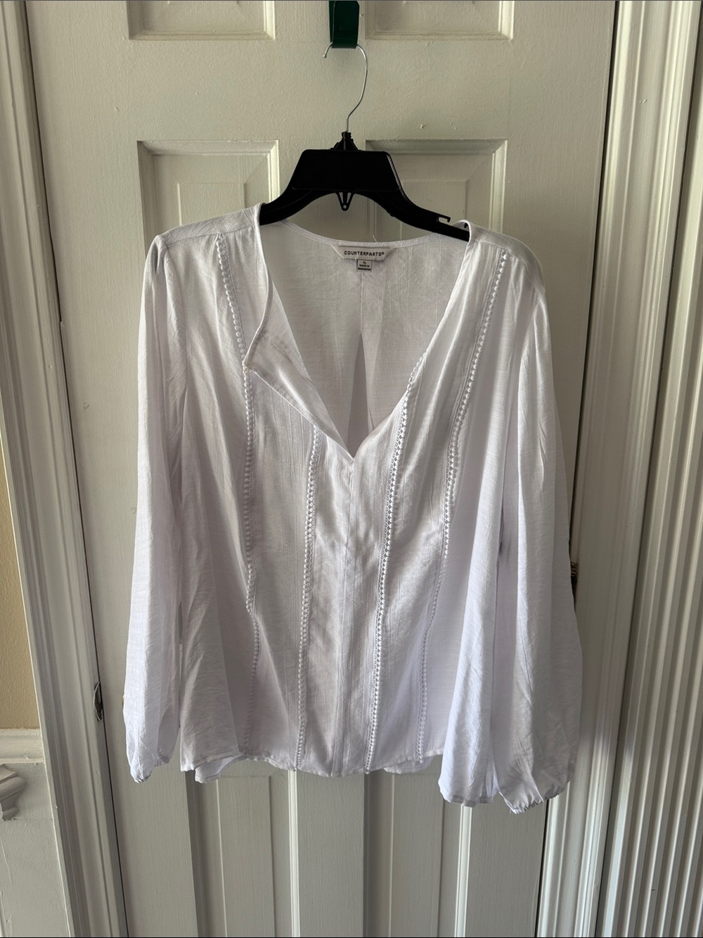 Counterparts White V-Neck Crochet-Trim Long Sleeve Blouse